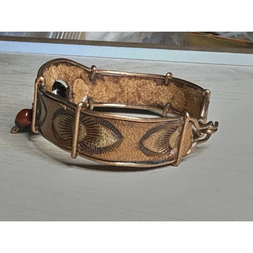 Handmade Artisan Huayruro Seed Leather Copper Wire Bracelet Cuba Bead Dangle